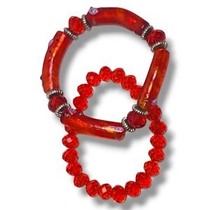 Red Lampwork Glass & Crystal Beads Stretch‎ Bracelet Stack of 2